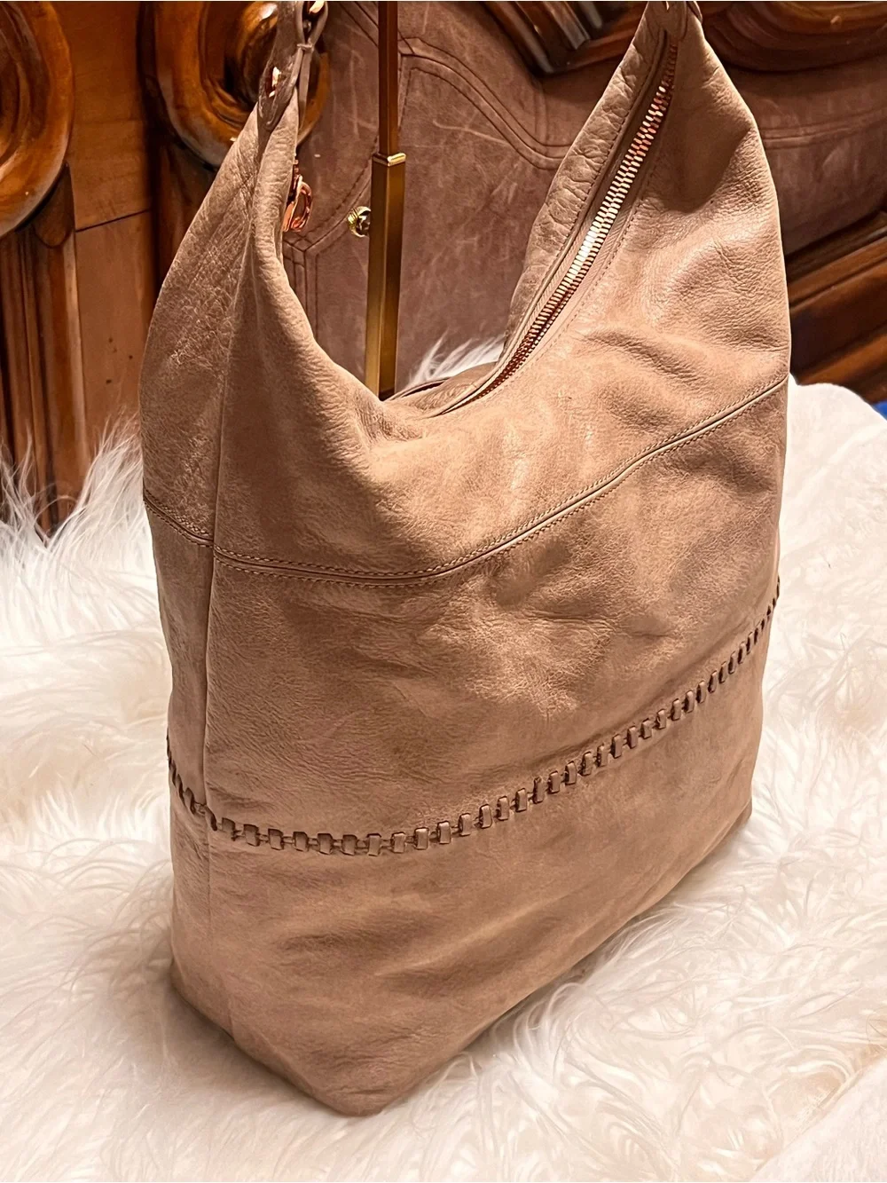 HOBO Taupe Braided-Handle soaf Leather Hobo Shoulder Bag